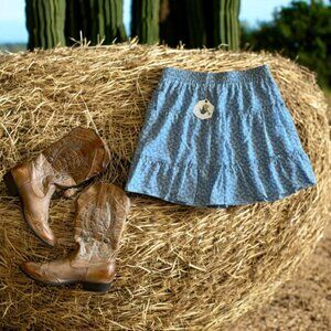 Paper Crane Blue & Cream Elastic Waist Tiered Mini Skirt Size Medium